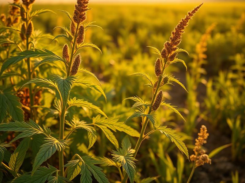 Castor plant growing in a field at golden hour